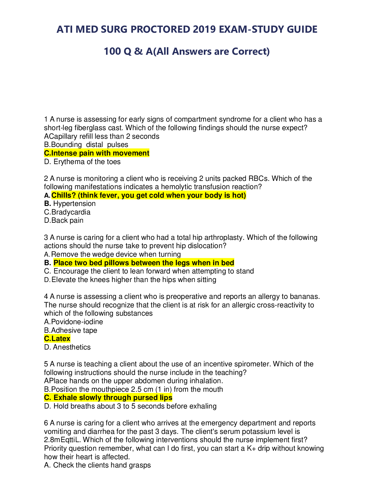 Preview of ATI MED SURG PROCTORED 2019 EXAM-STUDY GUIDE 100 Q & A (All Answers are Correct)